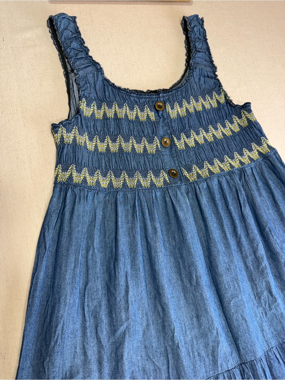 LAPIS - Blue Smocked Dress with Yellow & White Zigzag Detail - Size XL - Cotton